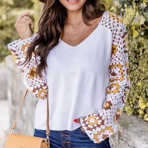 Pink Lily Crochet Sleeve Sweater Vneck White with Pink, Brown and White …